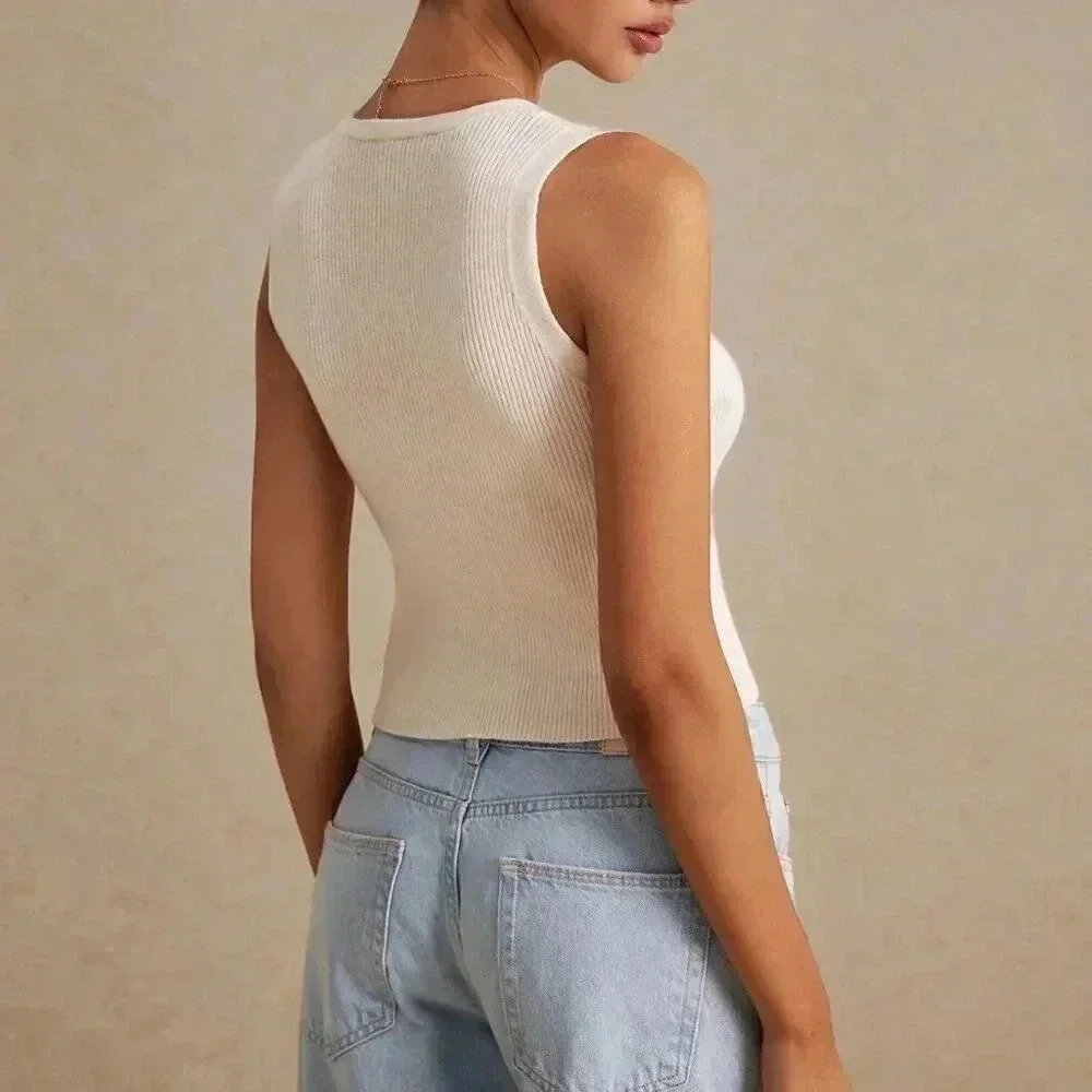Beige Casual Women's Solid Color Sleeveless Knit Top Tank - Picture 3 of 7